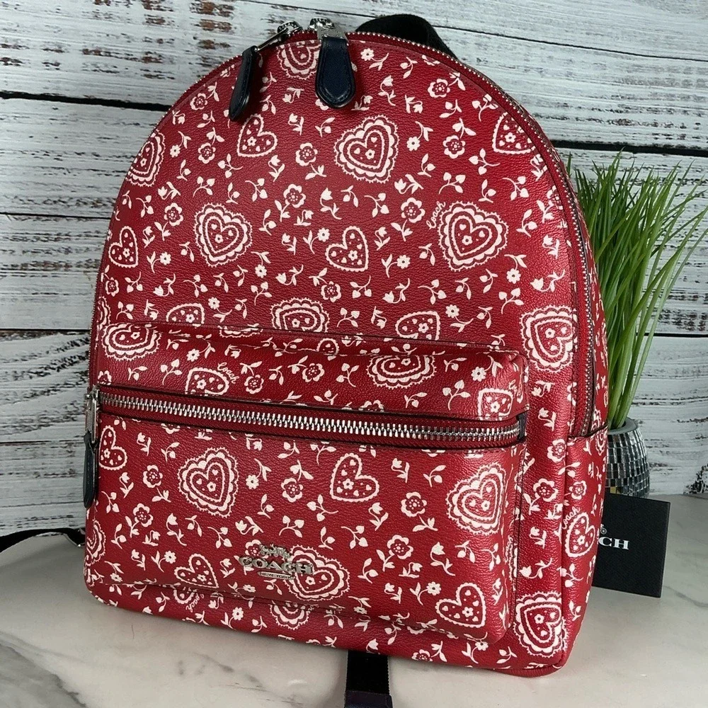 Coach Charlie Red White Lace Hearts‎ Floral Pattern Backpack Bag Work School